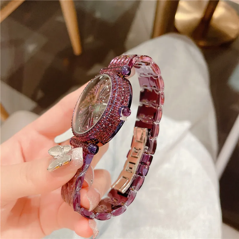 Cacaxi Brand Women Quartz Watches Full Diamond Rotating Dial Wristwatch Relojes Mujer Lady Purple Watch Relogio Feminino A302