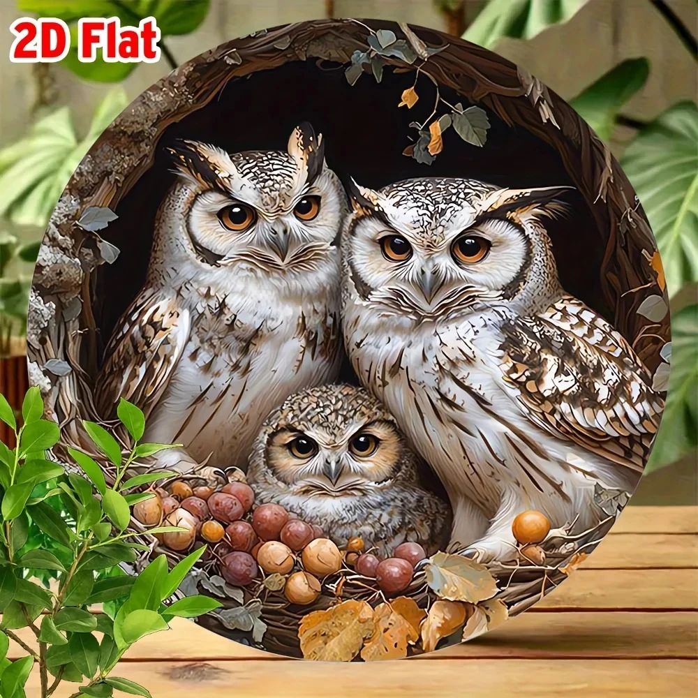 2D Flat Surface, 2D Flat Surface 1 Piece Circular Cafe Atmosphere Retro Owl Theme 3D Embossed Aluminum Wall Art, 8inch , Pre-Drilled, Very Suitable for H