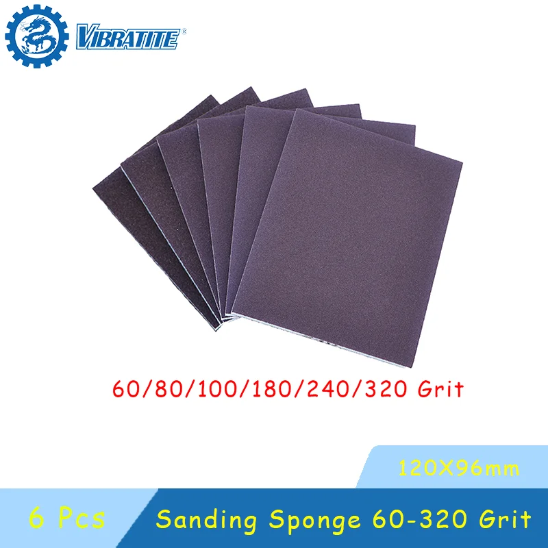 

Набор из 6 шлифовальных губок (120x96x13 мм) с абразивным покрытием, зернистость 60-320, моющиеся, многоразовые, для влажной и сухой шлифовки дерева, металла, мебели, краски