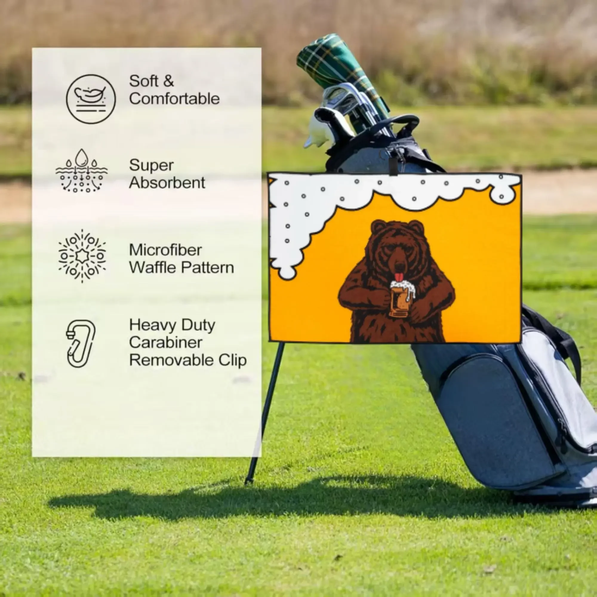 Brown Bear Golf Towel Orange and White Ideal for Women Golfers and Fans Golf Bag Accessory Playful Golf Theme Durable Towel