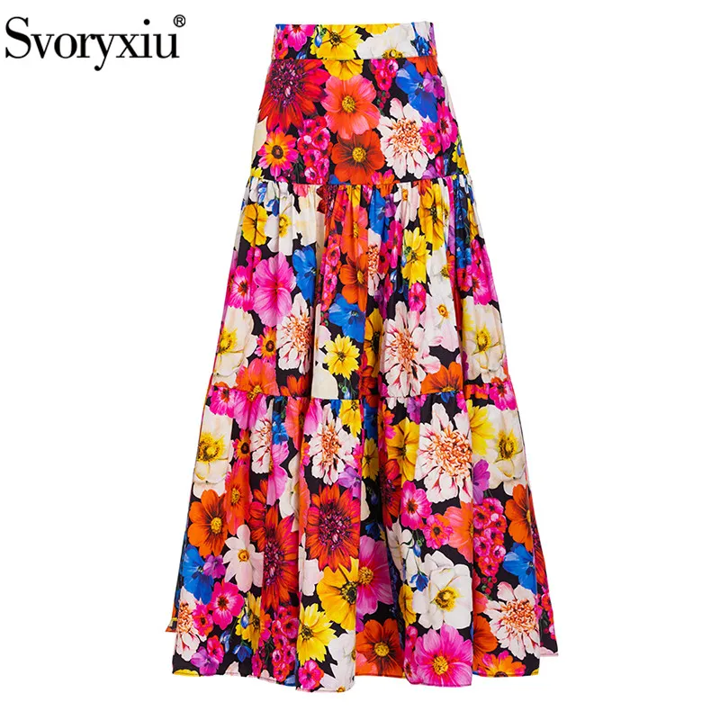 

Svoryxiu New Fashion Summer Designer Gorgeous Elegant Midi Half Skirt Women's Floral Print High Waist Slim Vacation Cotton Dress