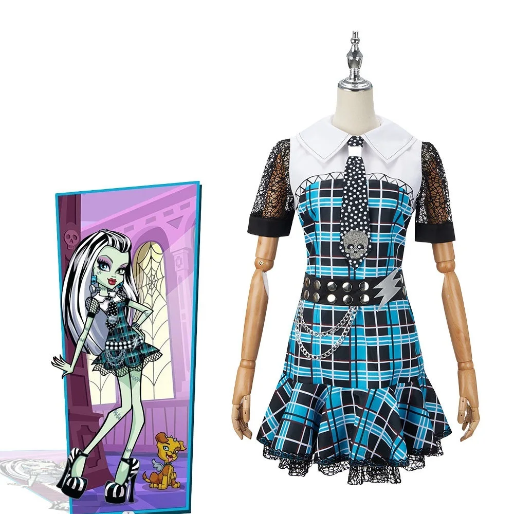 Disfraz de Frankie Stein High - Vestido a cuadros azul y negro con corbata bordada con calavera, para convenciones de anime y fiestas de Halloween