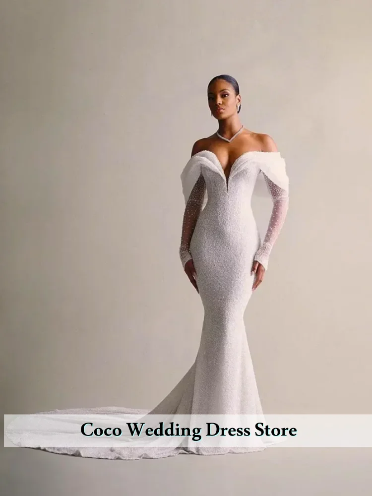 맞춤형 머메이드 탈부착 가능 2 in 1 웨딩드레스 레이스 스팽글 트레인 V넥 긴팔 빈티지 신부 드레스 베스티도 데 노비아