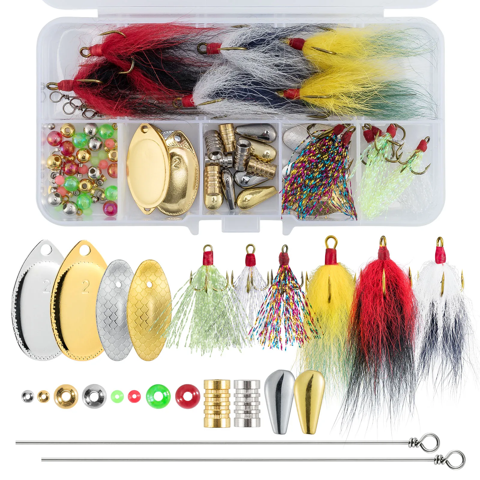 

98pcs Inline Spinner Making Kit Spinner Body Blades Spinnerbait Rooster Tail Trolling Walleye Rig Taxes Rig Freshwater Trout