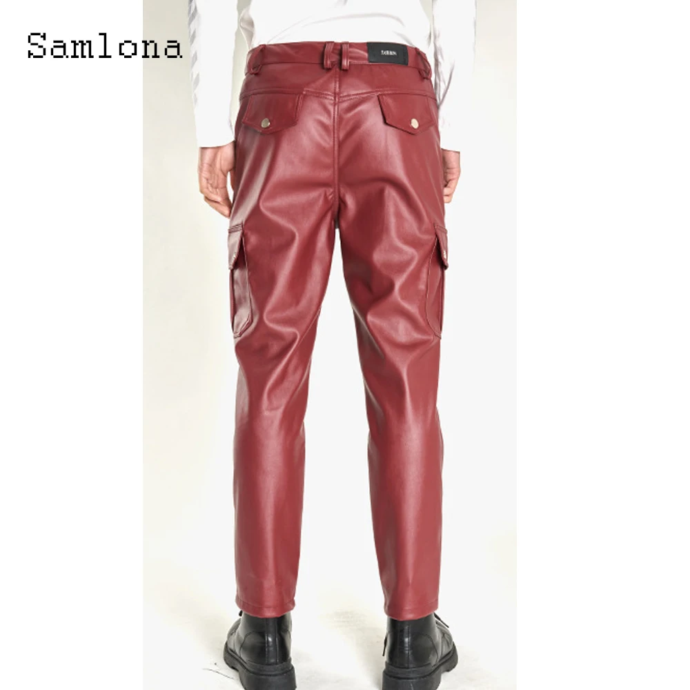 2025 الرجال الوقوف جيب موضة بولي بنطال بنطال جلدي في الهواء الطلق كامو البضائع بنطلون حجم كبير 5xl رجل خمر اللاتكس مستقيم السراويل جديد