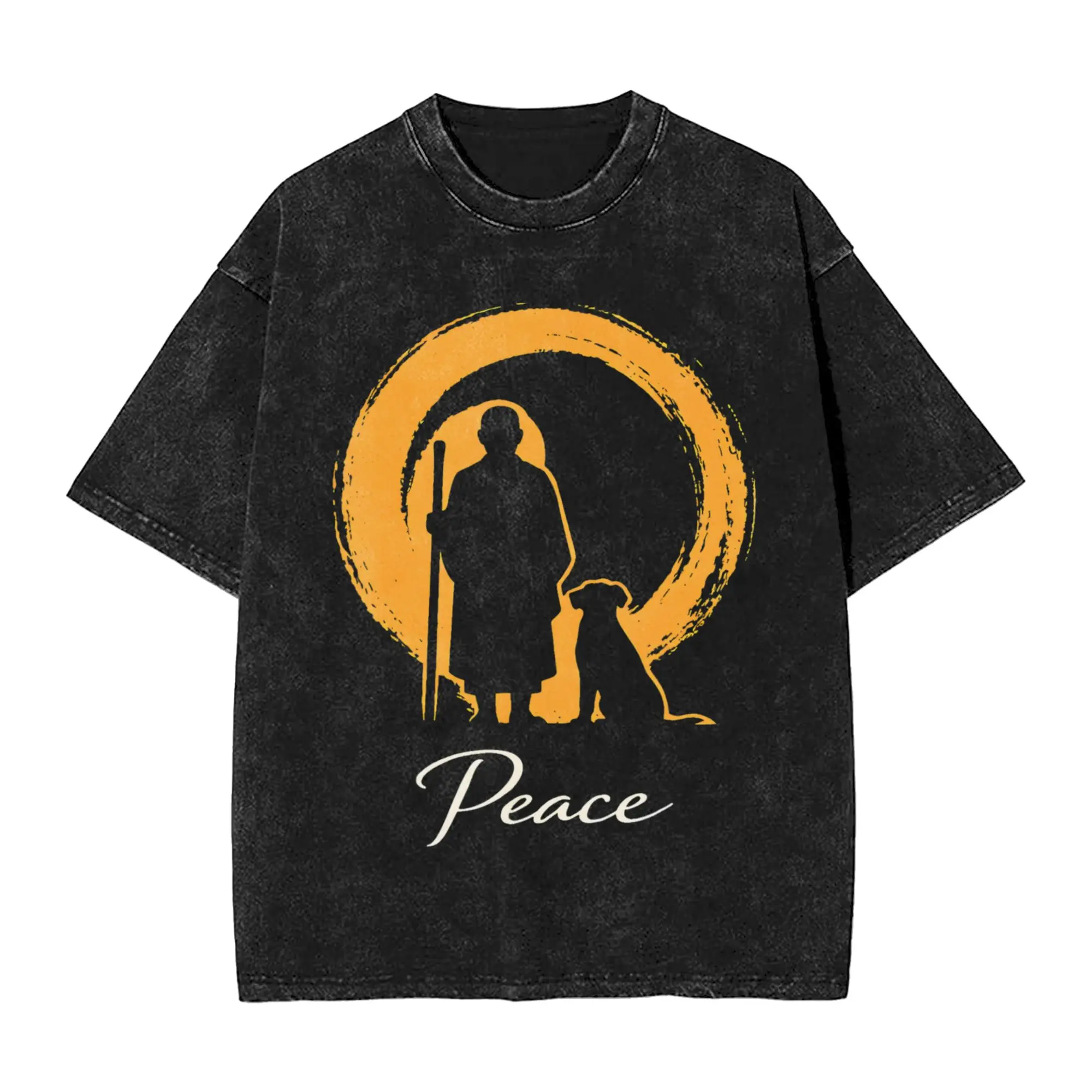Fun Peace Walking Monks T-Shirts for Men O Neck Pure Cotton Washed T Shirt  Short Sleeve Tees Birthday Gift Clothes