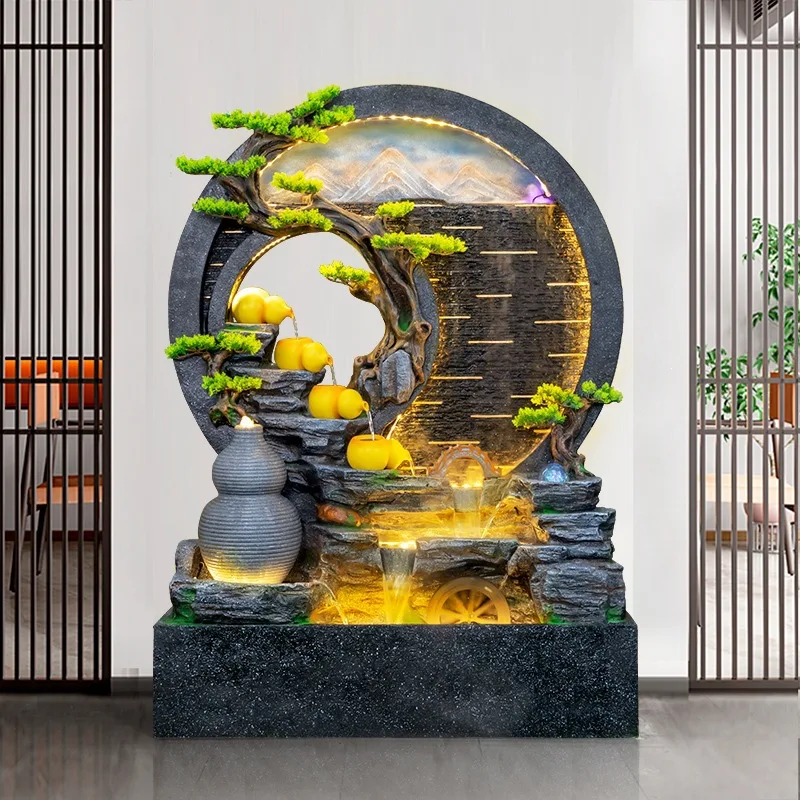 New Chinese creative round water curtain wall gourd flowing water ornament hotel lobby company decorative landscape