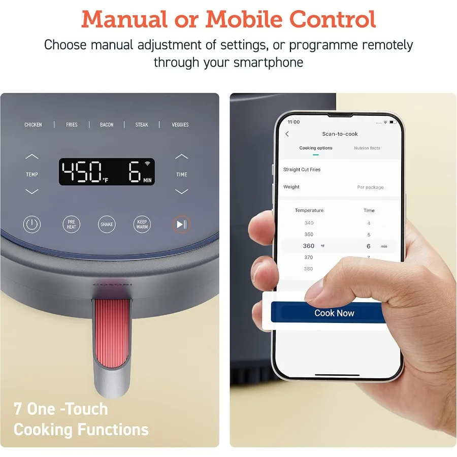 4쿼트 에어프라이어, 7가지 요리 기능으로 건강한 식사 제공, 무료 앱을 통해 150개 이상의 레시피 접근 가능, 기존 제품보다 97% 적은 지방 달성