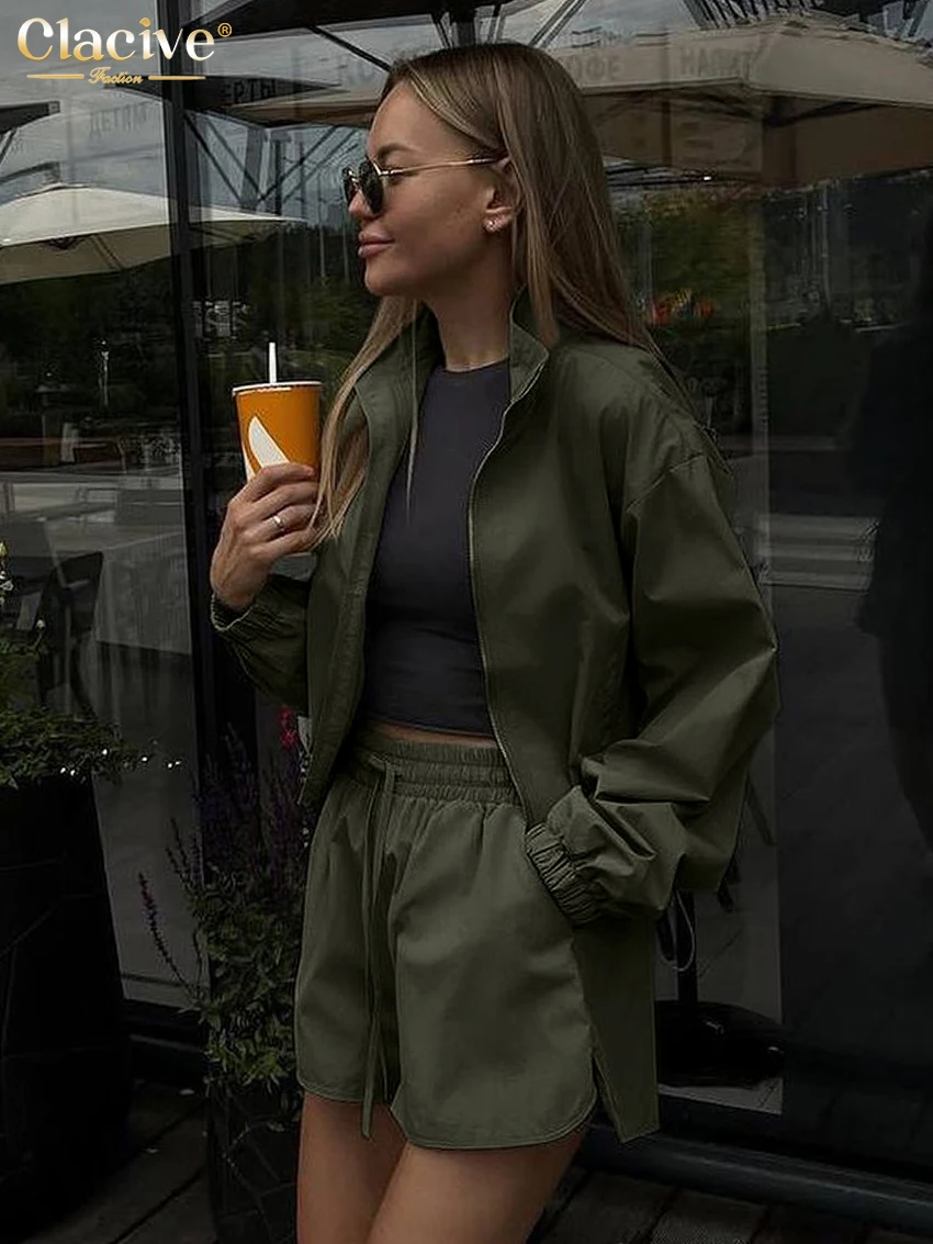 

Clacive Fashion Loose Green Shorts Sets For Women 2 Pieces 2025 Elegant Long Sleeve Shirt With High Waist Shorts Set Streetwear