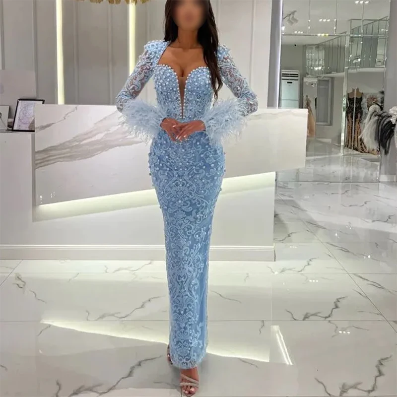 

Square Neck Light Blue Evening Dress Mermaid Lace Applique Beaded Pearl Prom Dresses Customized Dresses For Gala