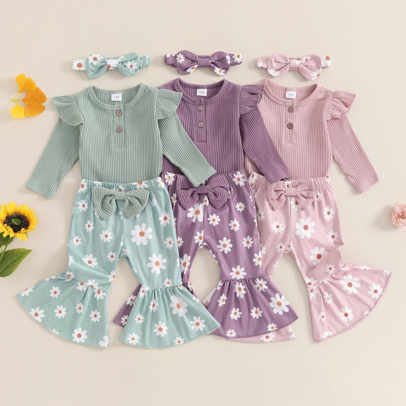 

Baby Clothing Girls Fall Outfits Long Sleeve Romper Floral Print Flared Pants Headband Newborn Clothes Set 0-18M