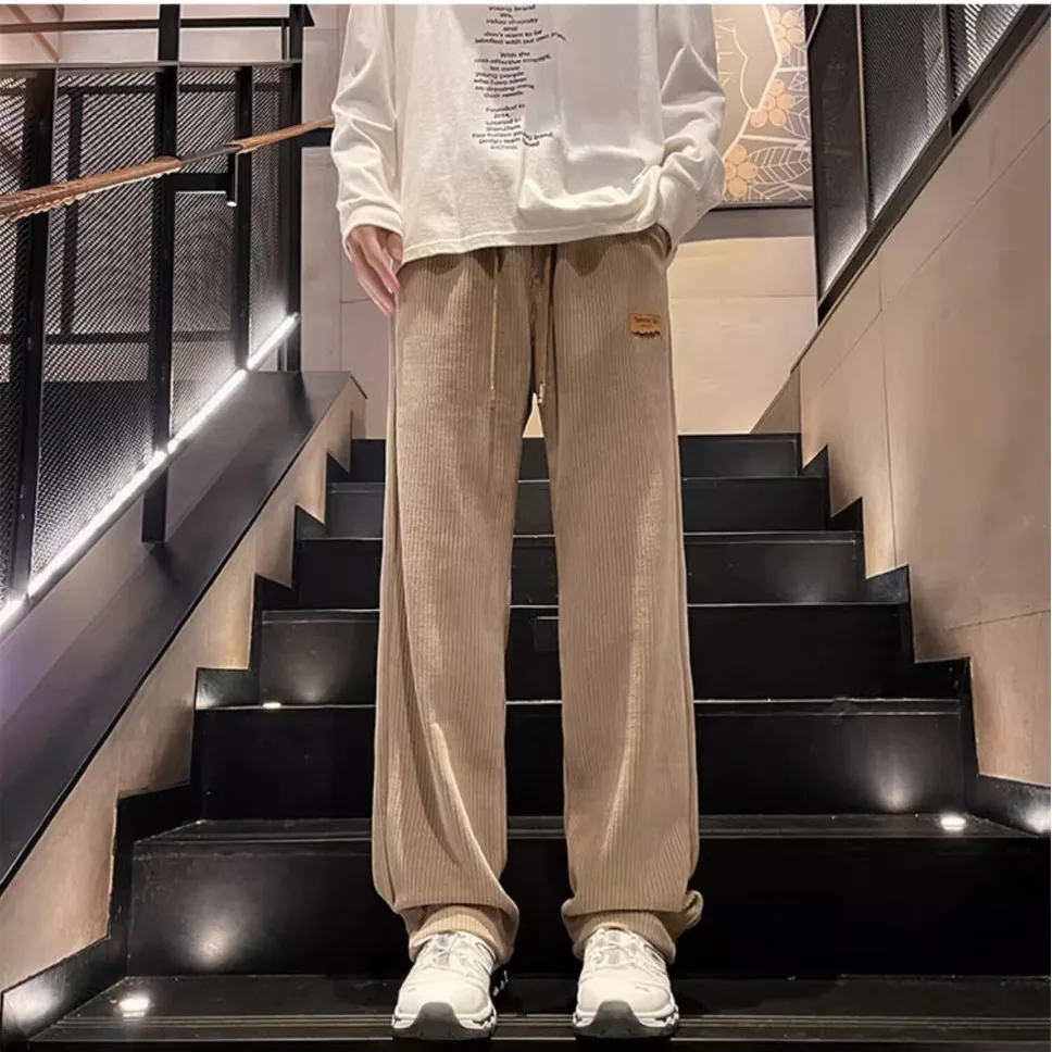 Corduroy teddy bear embroidered rolled edge pants for men in spring and autumn, retro loose fit, large size, straight leg, thick
