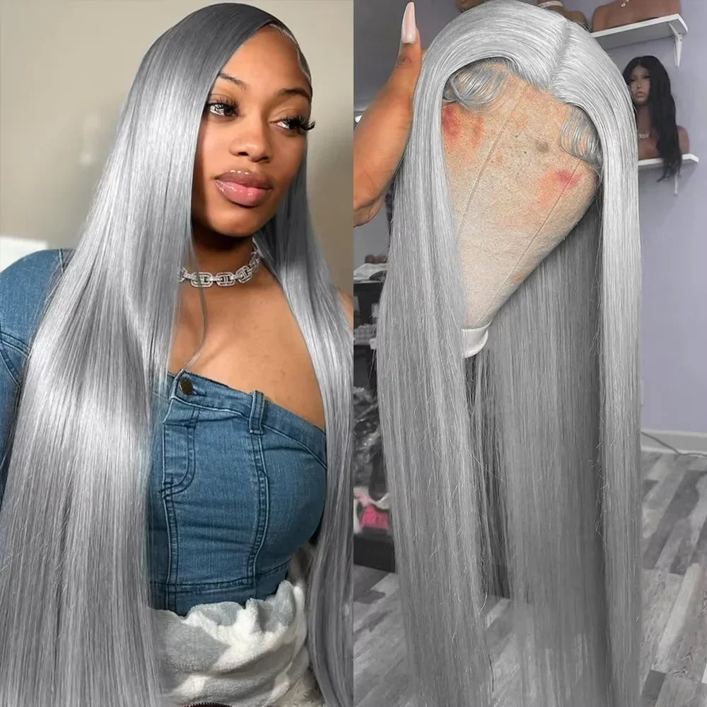 

Серебристо-серые прямые парики из натуральных волос Remy 13x4, прозрачные парики спереди, 100% человеческие волосы, бразильские бесклеевые кружевные фронтальные парики