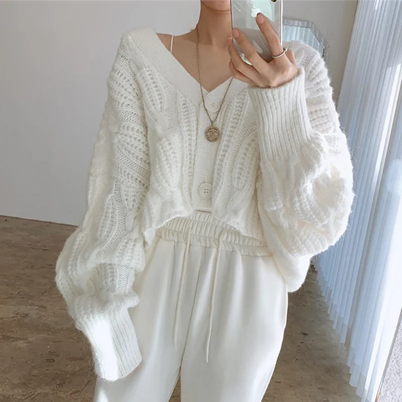 Fall Winter 2023 Raglan Sleeve V Neck Button Up Jackets Solid Knitted Short Coats Vintage Criss-Cross Cardigan Women Sweaters