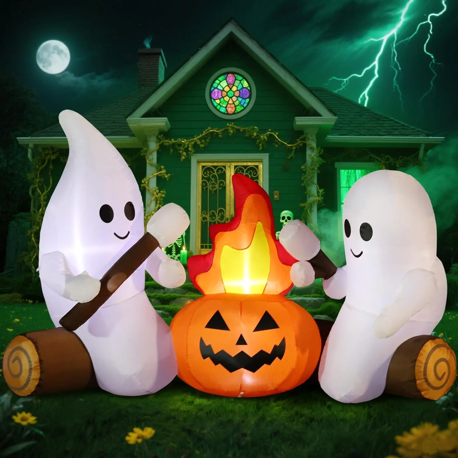 6FT Halloween Inflatable Ghost Decorations Cute Marshmallow Roasting Campfire Built-in LEDs for Holiday Party Outdoor Decor