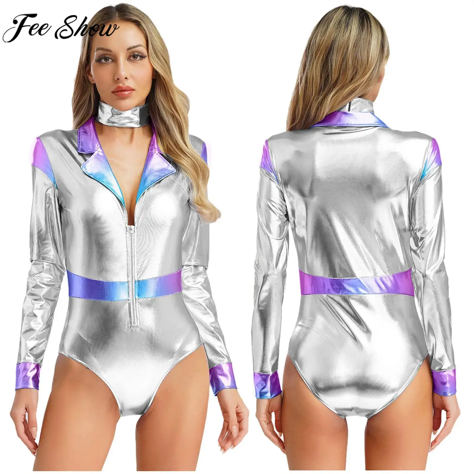 

Women Alien Space Astronaut Robot Cosplay Costume Long Sleeve Metallic Shiny Bodysuit with Choker Clubwear for Halloween Party