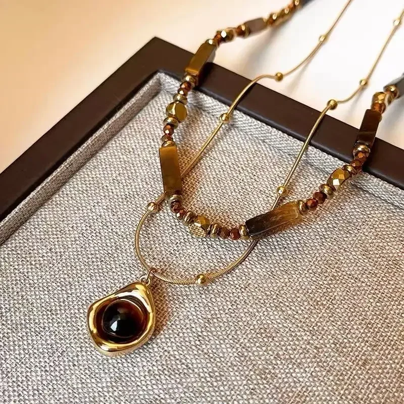 Retro Temperament Layered Tiger Eye Stone Pendant Necklace For Women Stainless steel Double-Layer Collarbone Chain Sets Jewelry image 4
