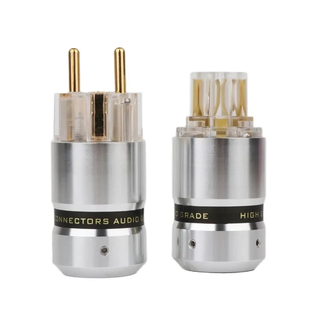 P080G High quality pair Audio Aluminum gold Plated Schuko EU Male Connector+IEC Female Plug