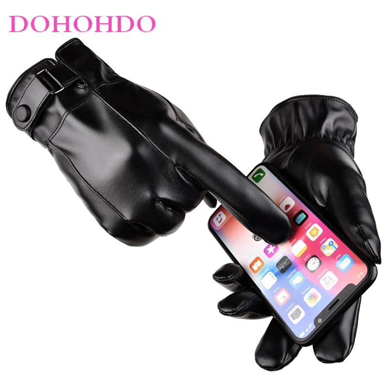 New Winter Gloves Men Touch Screen Thickened Warm Windproof Cold Driving Motorcycle Leather Gloves Black Gloves Guantes Invierno