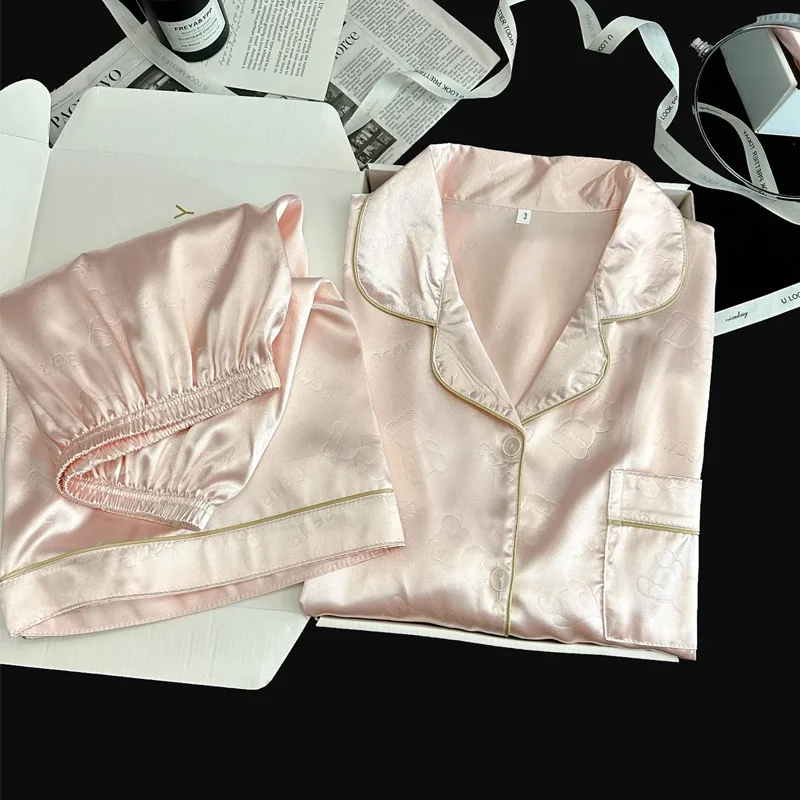 

Luxury Ice Silk Sleepwear Set for Women Summer Thin Short-Sleeved Top with Cartoon Print Matching Shorts Home Comfort Suit