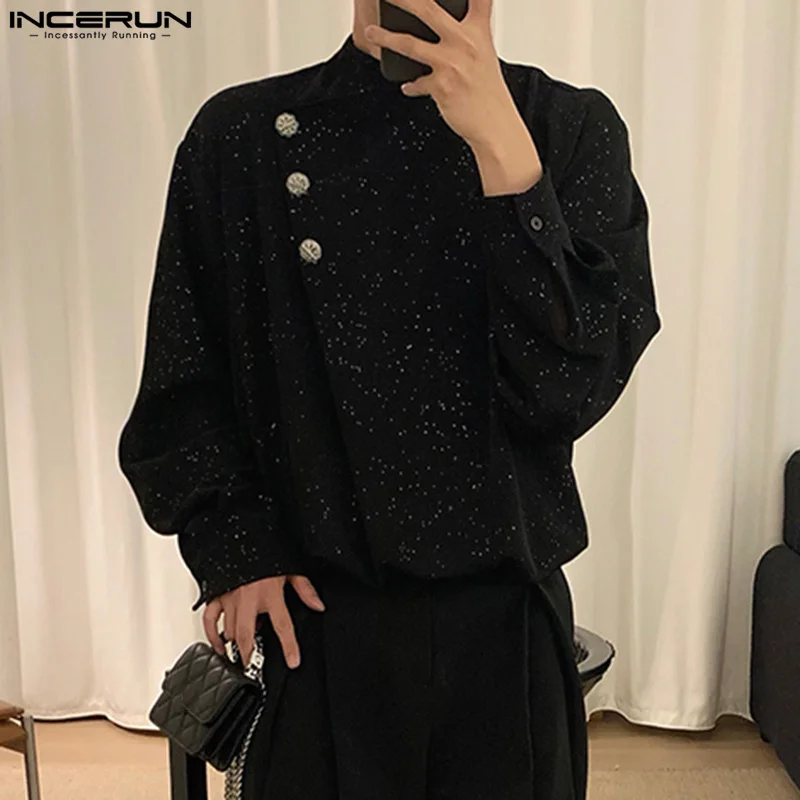 INCERUN Tops 2024 Korean Style Fashion Men Sparkling Pile Collar Slanted Placket Design Shirts Casual Long Sleeved Blouse S-5XL