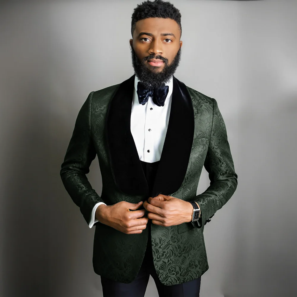 One Button Men Suits Black Pattern Groom Tuxedos Shawl Velvet Lapel Groomsmen Wedding Best Man ( Jacket+Pants+Vest+Tie )