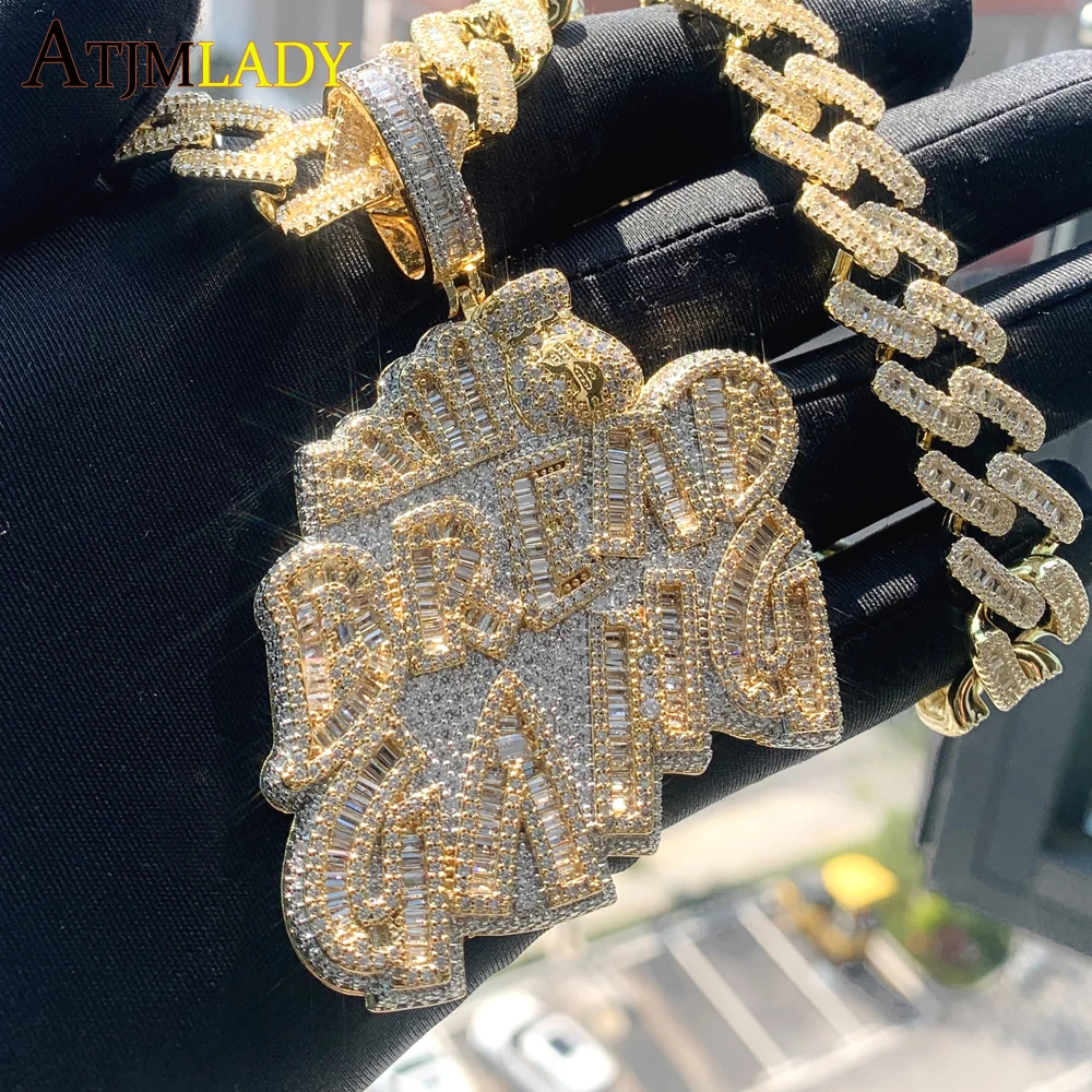 Bling BROT GANG Buchstaben Halskette Für Männer Frauen Gold Überzogen Pflastern 5A CZ Zirkonia Geld Tasche Anhänger Iced Out hip Hop Schmuck