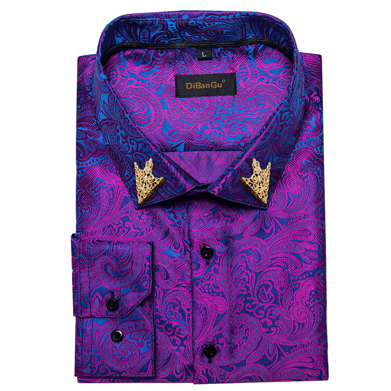 Floral Print Shirt for Men, Multi Colors Paisley Pattern Long Sleeve Slim Fit Button Down Top with Collar Pin for Party