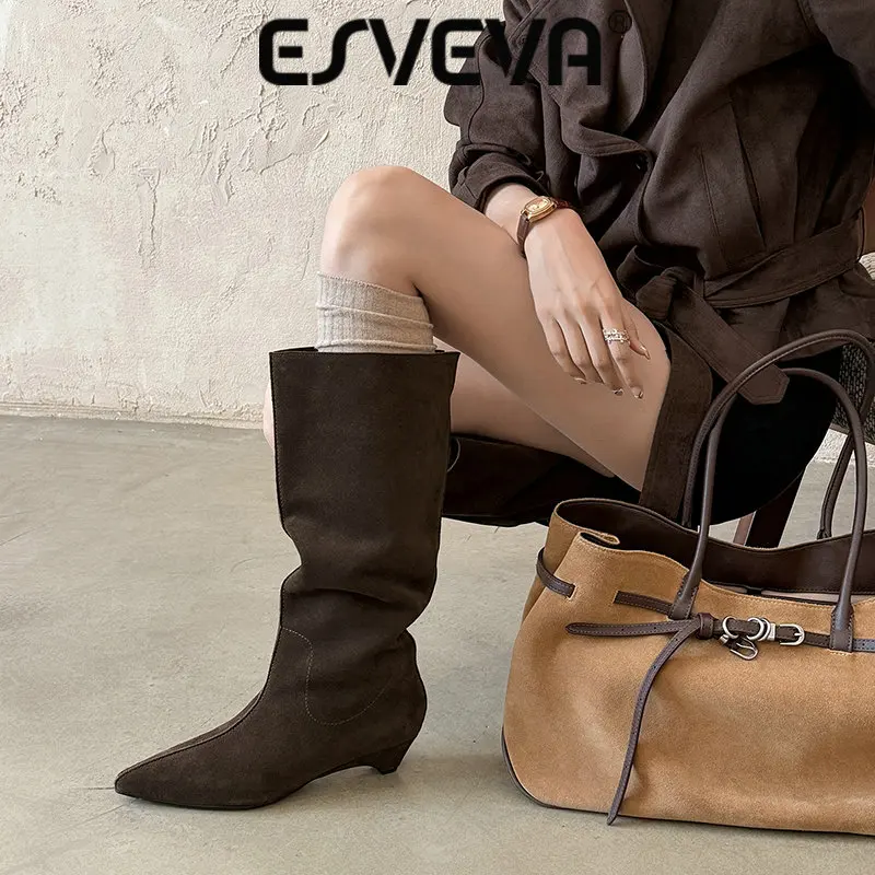 ESVEVA 2027 News Cow Suede Women Knee High Boots Winter Woman Shoes Pointed Toe Low Heels Casual Autumn Western Long Boots 34-40