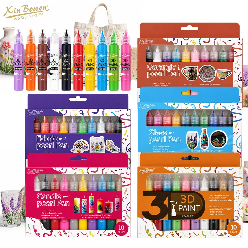 10 Colors 20ml 3D Glass Pearl Pen Acrylic Paints Waterproof DIY Outline Pigment for Glass Ceramic Fabric Candle Painting Crafts