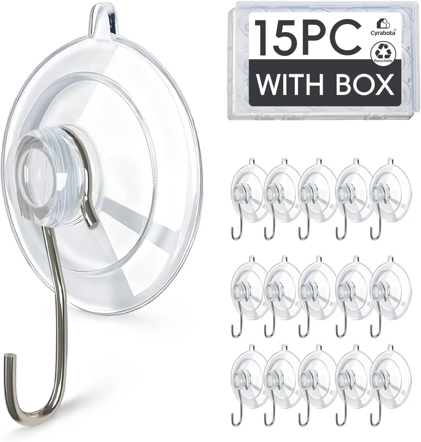 

15 Clear Suction Cup Hooks, 1.77 Inch Heavy Duty, 10 lb Hold, No-Drill, Waterproof for Glass, Tile, Shower, Kitchen