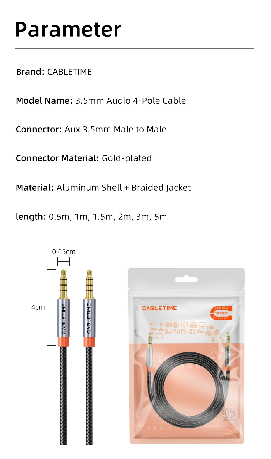 CABLETIME 3,5 mm Aux-Kabel 4-poliges TRRS 4-Leiter-Hilfs-Aux-Kabel für Telefon-Headset, Mikrofon, Auto, Musik, HiFi-Funktion, Audio – Detail 11