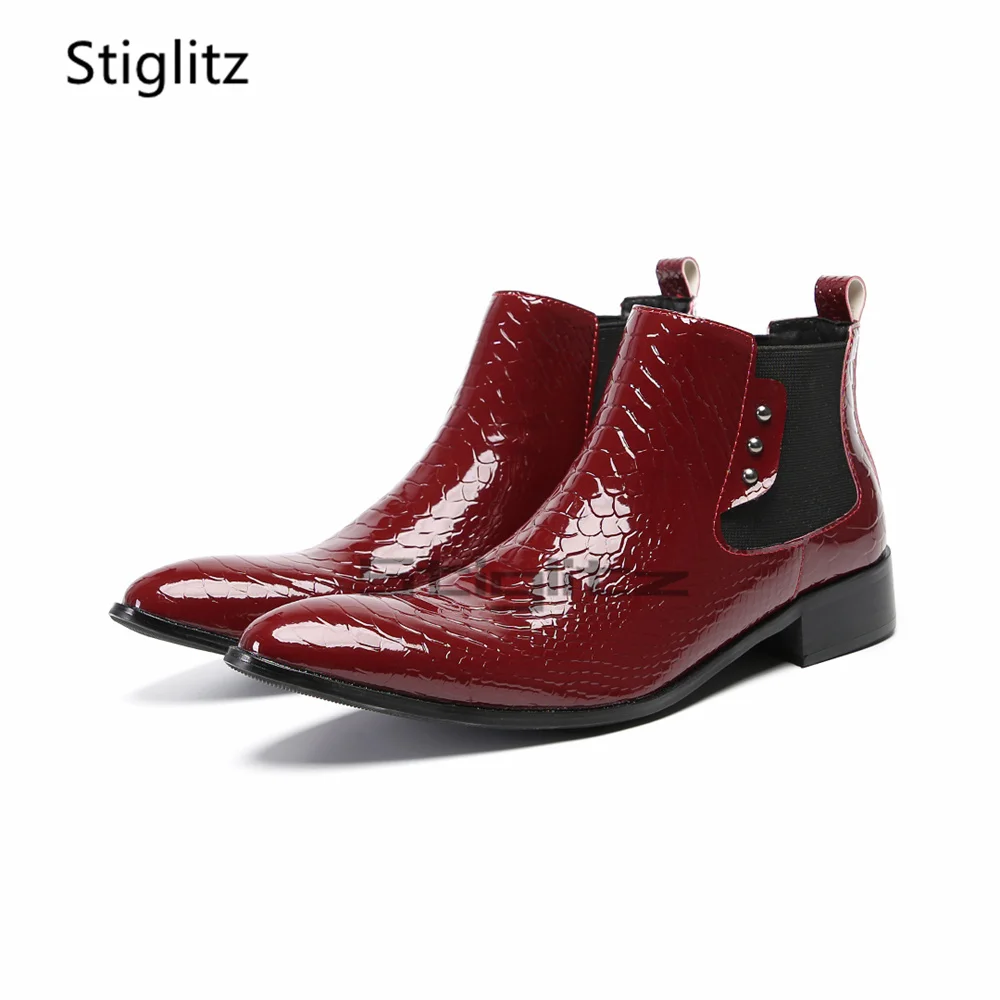 White Red Genuine Leather Chelsea Boots for Men Pointed Toe Rivets Stretch Ankle Boots British Style Slip On Low Heel Shoes