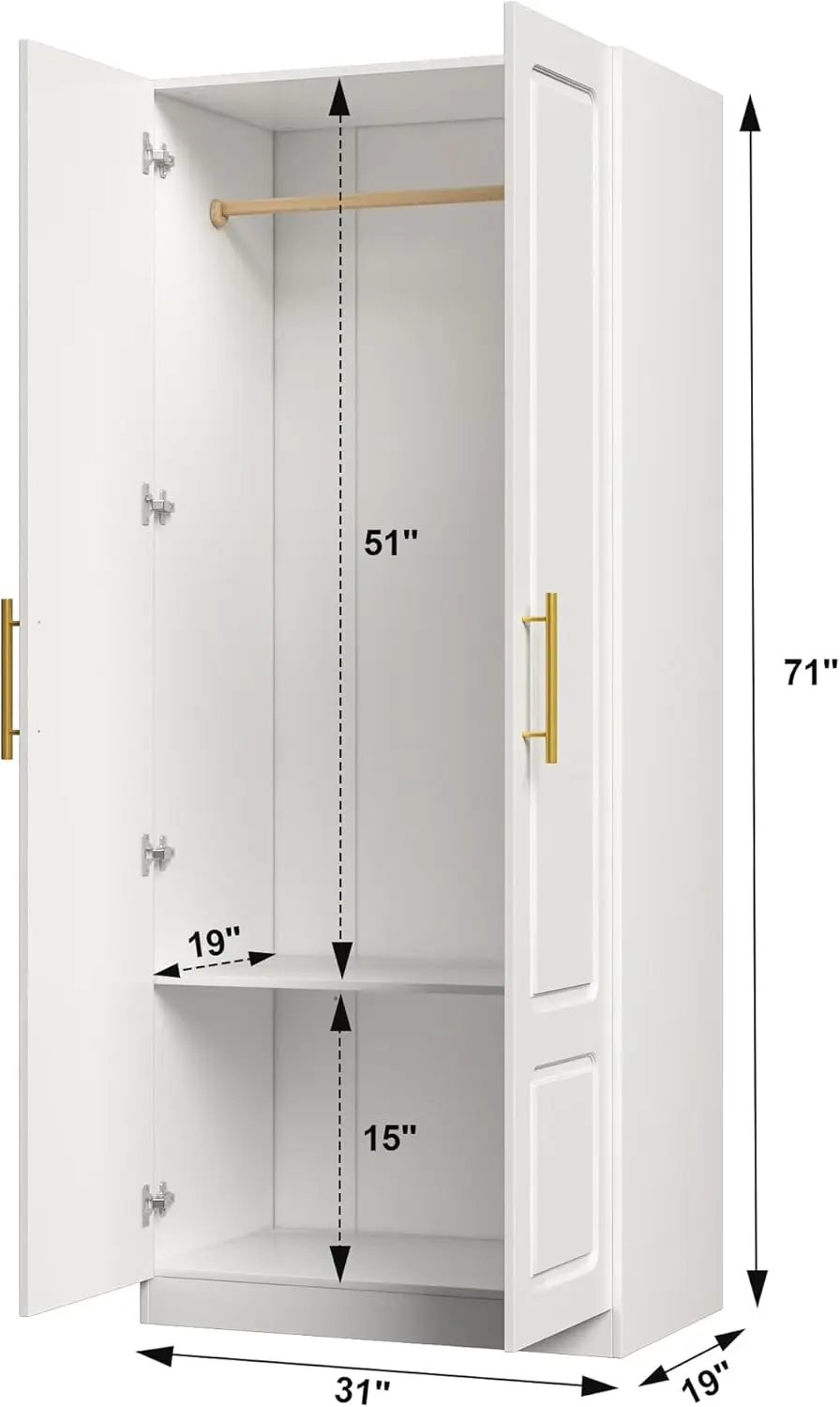 Modern Wardrobe, Bedroom Armoires Closet with White 2 Doors,Hanging Rod and Storage Cabinet,19