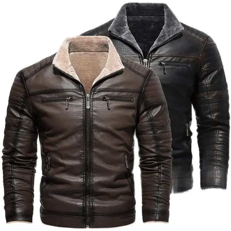 

2025 Men Faux Leather Jacket High Quality Casual Zipper Fleece Warm Coats Winter Men Vintage Motorcycle Leather Jacket Men S-4Xl