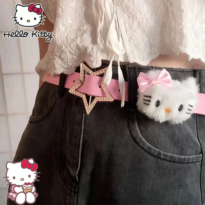 Sanrio Hello Kitty Women Belt Y2K Kawali Simple Metal Buckle Belt Girls Ladies Leisure Jeans Waistband Clothing Decoration Gifts