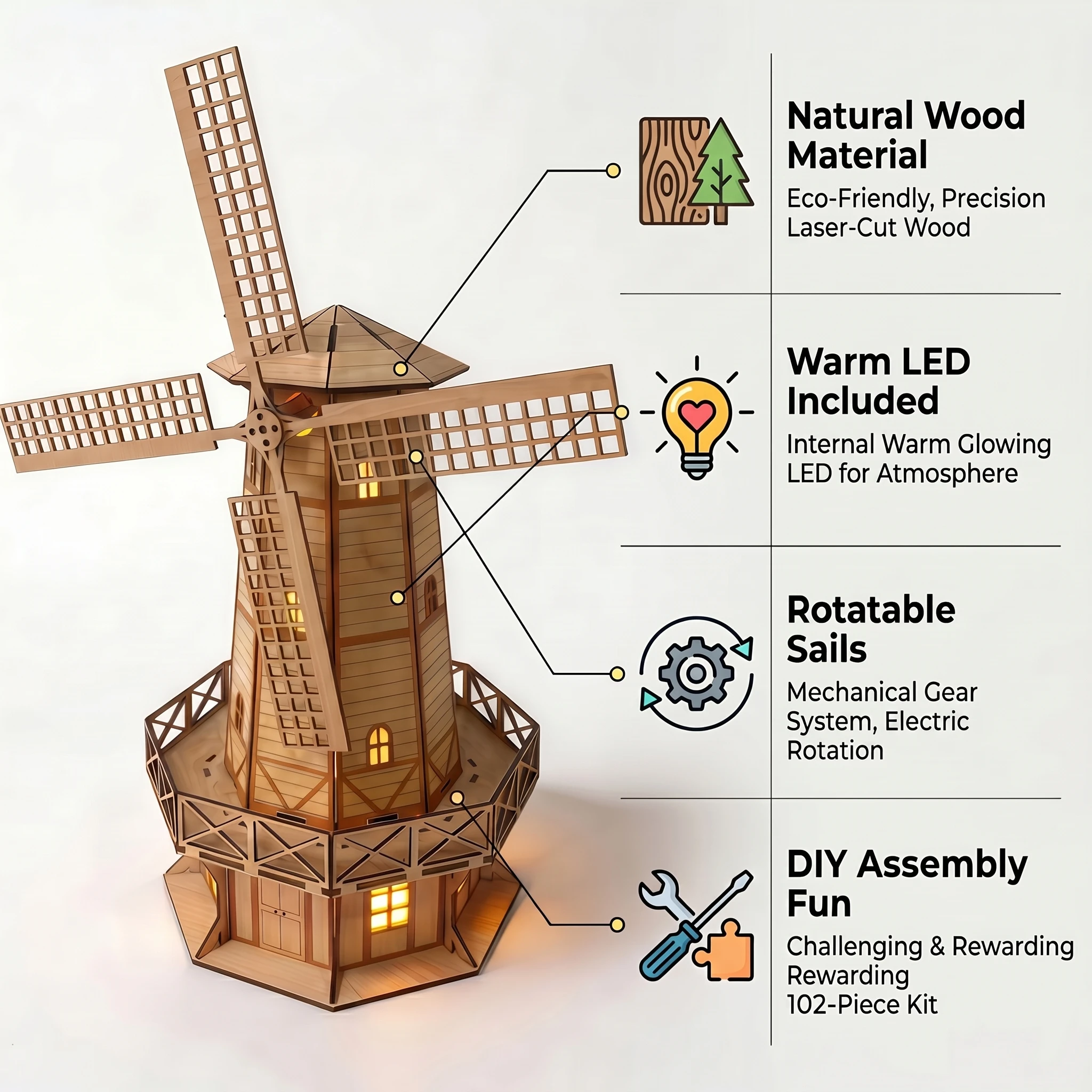 DIY Wooden Windmill Model Kit 3D Puzzle Rotating Blades LED Light Mechanical Building Toy Handmade Craft Home Decoration Gift