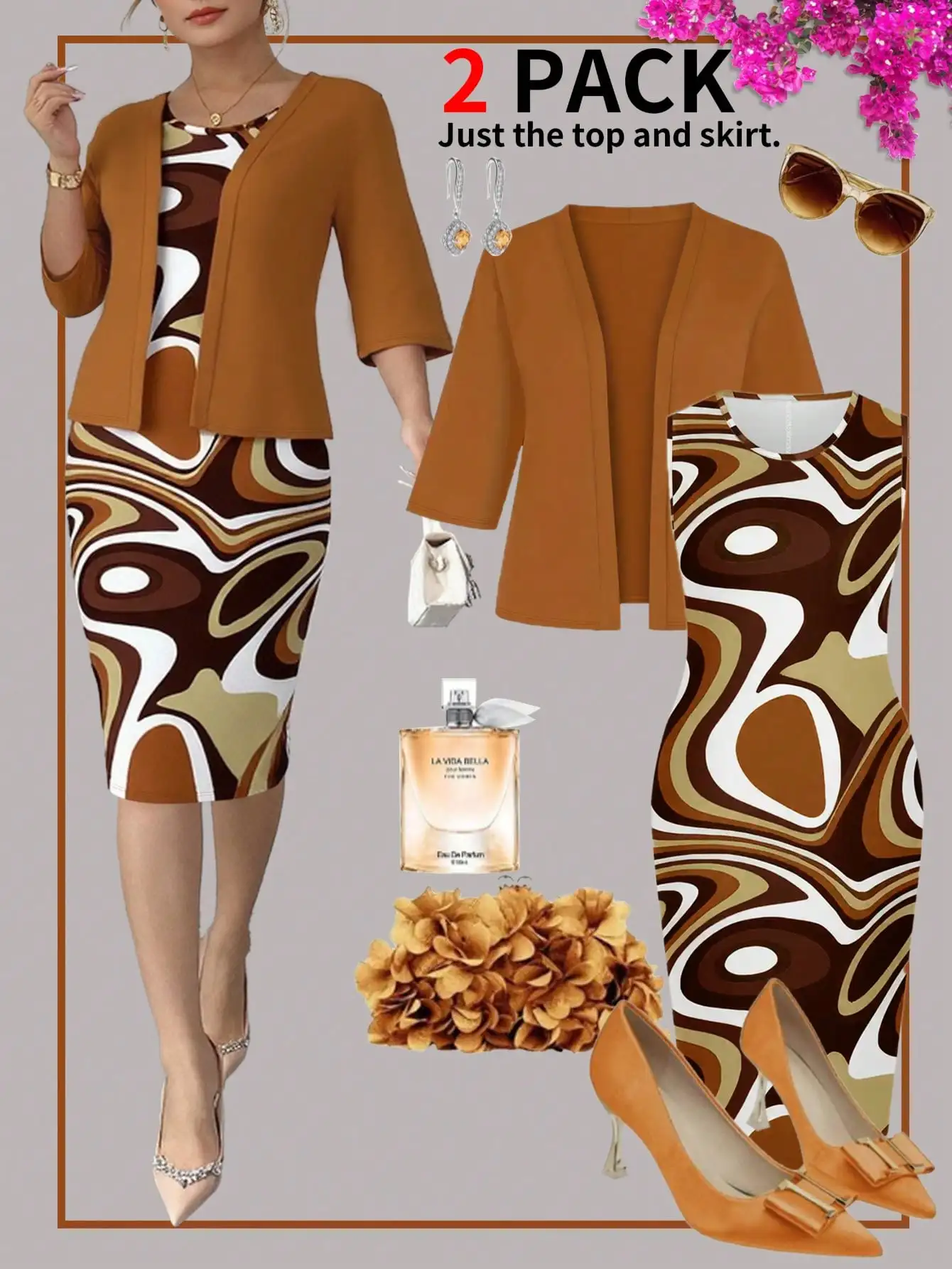 

Комплект из 2 предметов: женское платье с ретро-принтом и однотонный блейзер, офисный шик для весны и осени