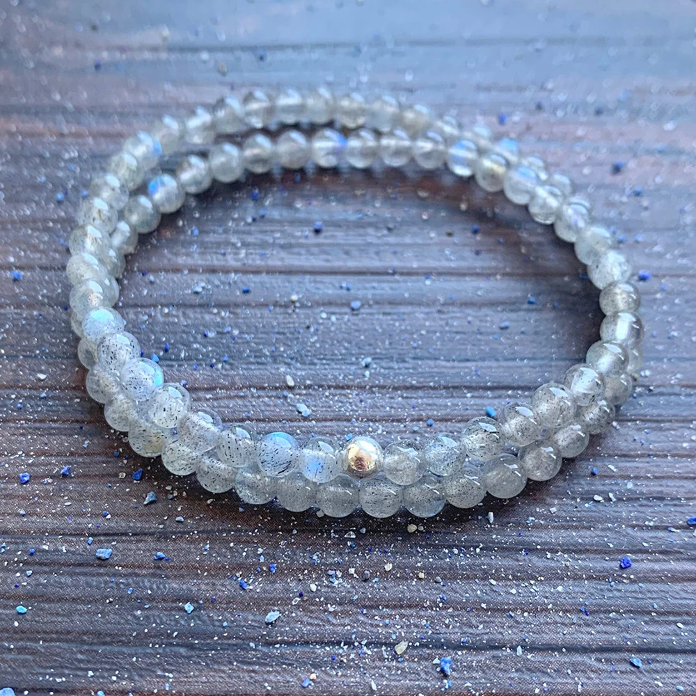 Ruberthen Double Wrap Blue Flash Labradorite Bracelet Mini Mala Gemstone Bracelet 4 MM Crystals Heart Chakra Balance Bracelet