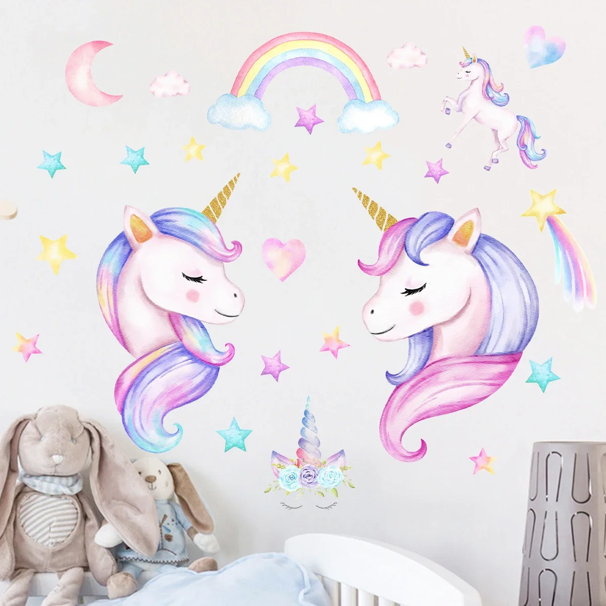 2 قطع الكرتون قوس قزح القمر نجوم يونيكورن ملصقات الحائط لغرفة الأطفال غرفة الاطفال الفتيات غرفة نوم ديكور المنزل جدار الشارات