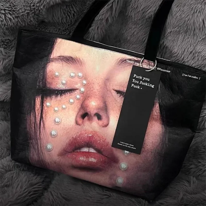 

Y2k стильная большая сумка с принтом, креативный дизайн с узором для лица, женская большая вместительная повседневная сумка для покупок, складная сумка для хранения на плечо