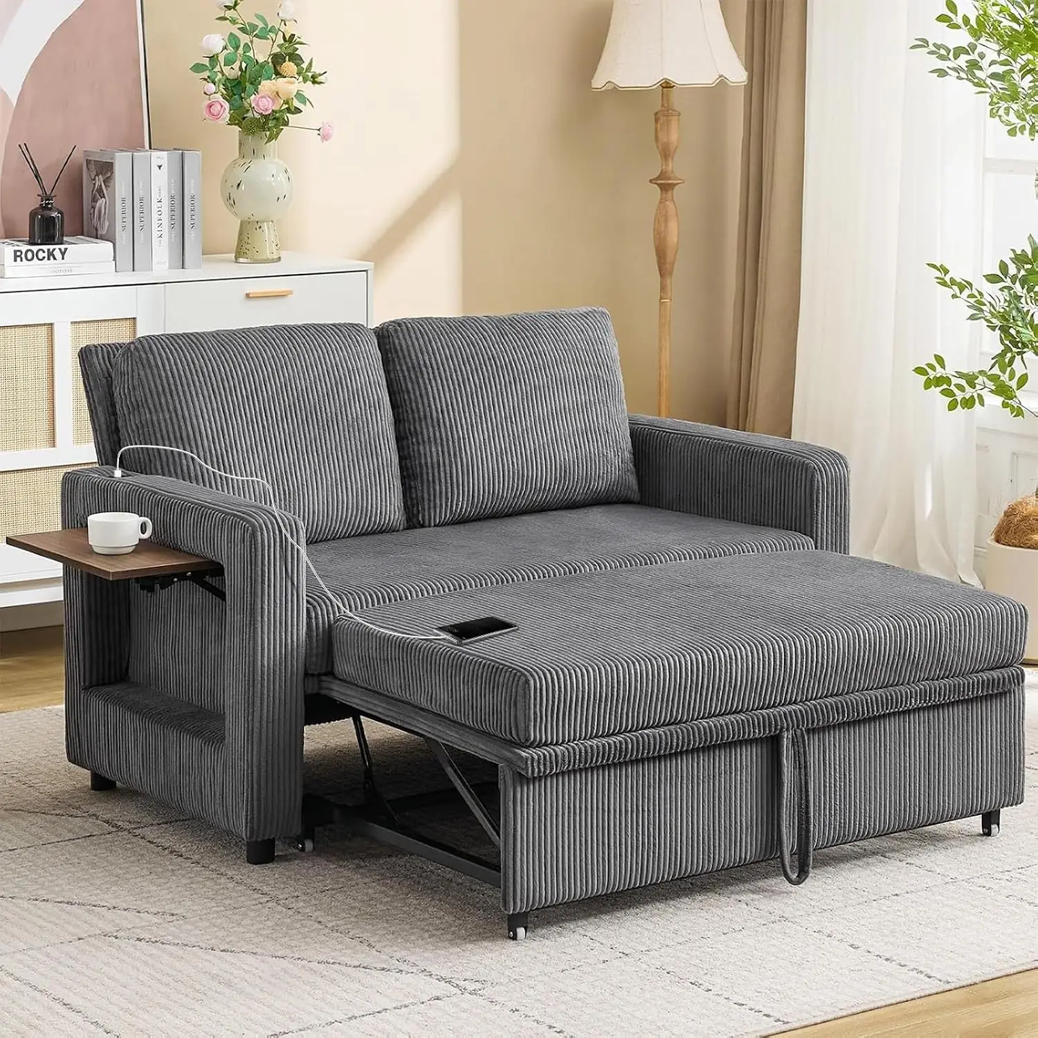 3-in-1 Convertible Sofa Bed, Pull-Out Sleeper With USB & Type-C, Loveseat, Foldable Side Table For Living Room, Customized