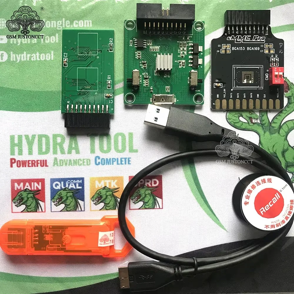 Hydraulic Hydra Dongle Tool and EMMC ISP Adapters, BGA153,BGA169,BGA221,BGA162, EMMC Break Out Board Tool, Softwares, New