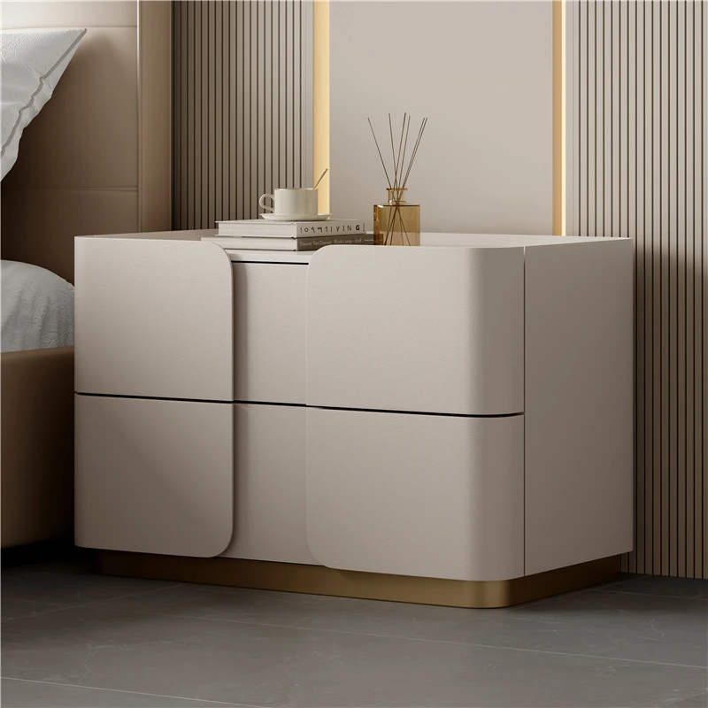 All solid wood leather rock slab bedside table, advanced modern simple high-end designer large apartment Italian minimalist