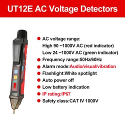 UNI-T Non-contact AC Voltage Detector Volt Pen IP67 Indicator LED Flashlight Socket Wall Volt Test Pencil 24V-1000V UT12E UT12M