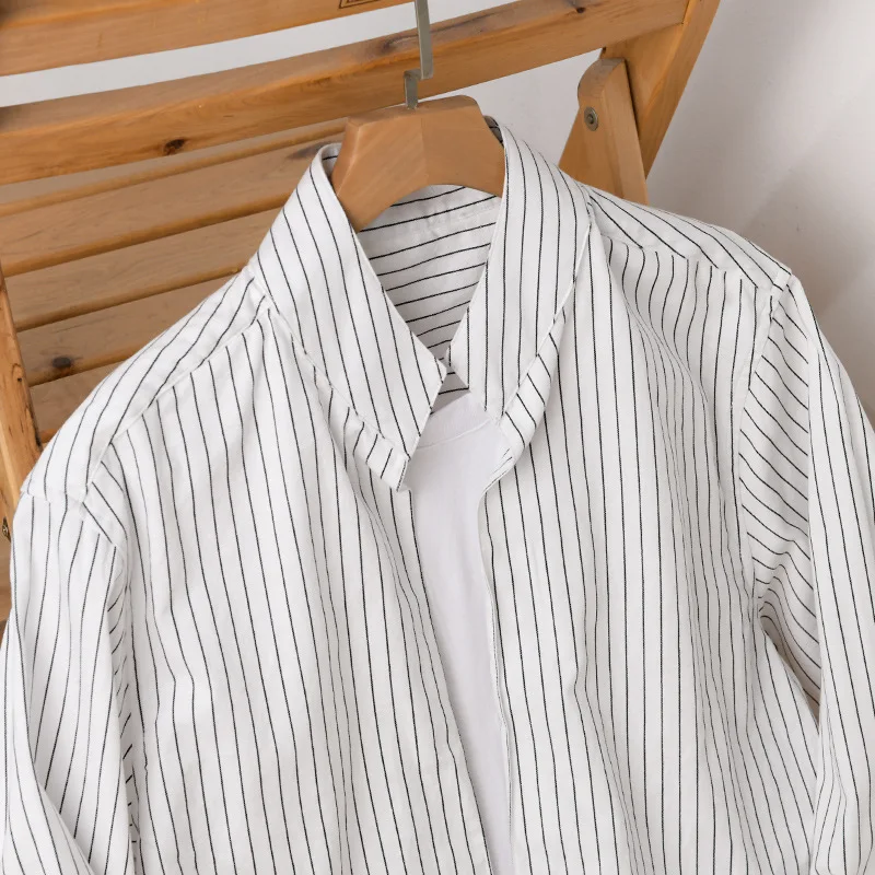 Retro Two Fake Pieces White Striped Shirt Men Long Sleeve Casual Shirts Spring Summer Pure Cotton Top Stand Pullover Shirt Man