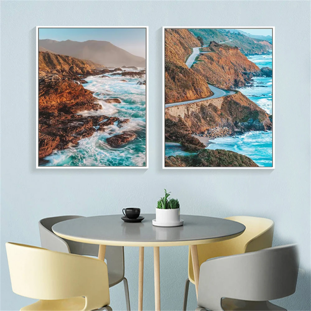 Nature Landscape Canvas Wall Art Set California Coastal Highway Desert Cactus Mountain Lake Lighthouse Scenery Print Home Decor