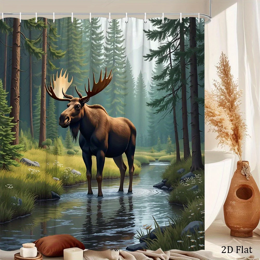 Moose in Forest Stream Shower Curtain Wild Animal and Pine Trees Print Polyester Bath Curtain with 12 Hooks for Nature Decor