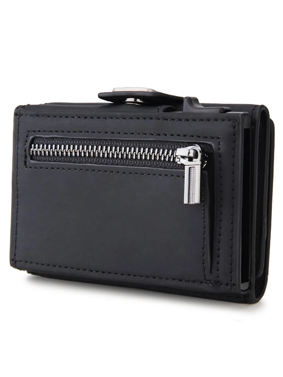 Gebwolf Pop-Up Credit Card Case Crazy Horse Leather Men Wallets RFID Protection Mini Metal Wallet Zipper Coin Pocket