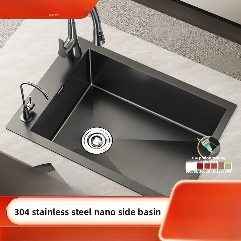 

Black Nano 4MM left and right drainage kitchen sink single slot 304 stainless steel vegetable washing integrated basin